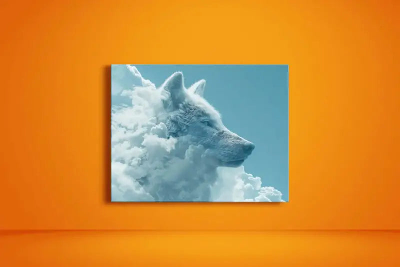 Une impression sur toile rectangulaire mettant en scène un loup blanc émergeant de nuages stylisés sur un ciel turquoise, accrochée sur un mur orange.