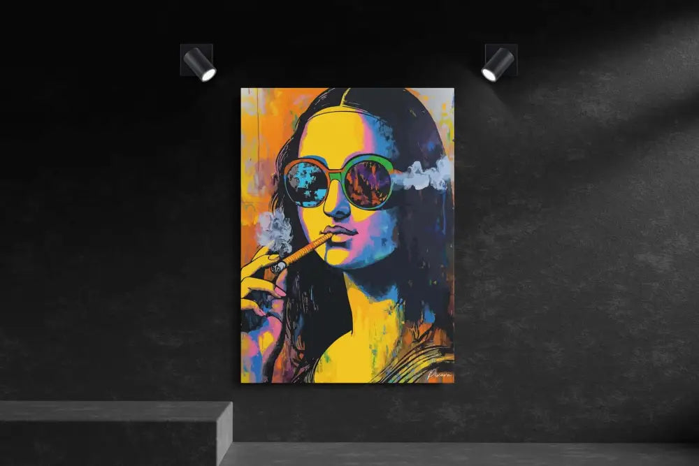 Toile vibrante de pop-art mettant en scène une Mona Lisa stylisée portant des lunettes de soleil et une cigarette, rendue en tons vifs de jaune, bleu, violet et orange.