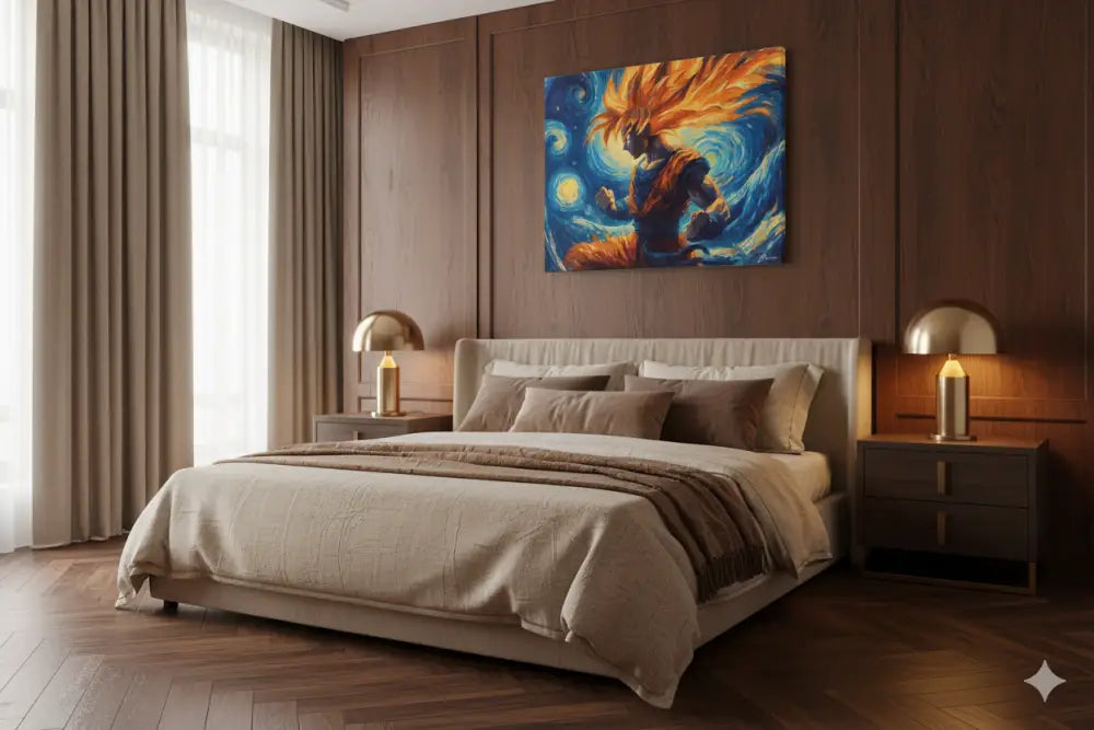 Peinture sur toile style anime aux tons orange et bleu vibrants représentant un personnage dynamique aux cheveux flottants sur un fond tourbillonnant d’étoiles.