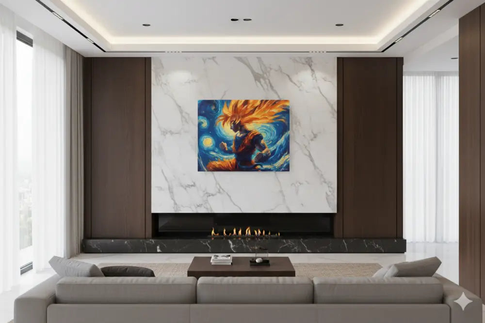 Une peinture animée de style anime vibrante mettant en scène un personnage aux cheveux orange flamboyants sur un fond cosmique tourbillonnant bleu et jaune, montée sur un mur en marbre blanc.