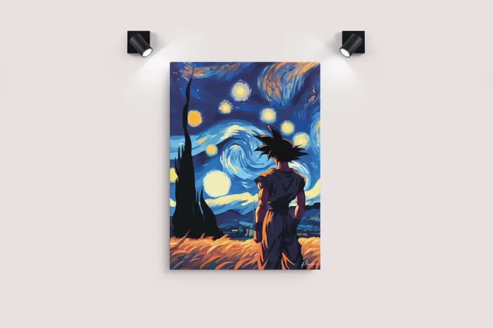 Une impression sur toile vibrante mettant en scène Goku de Dragon Ball debout devant un ciel nocturne tourbillonnant et étoilé, évoquant la Nuit étoilée de Van Gogh.