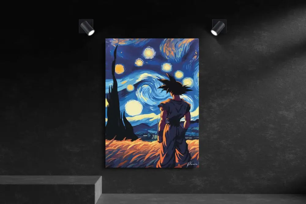 Une impression sur toile vibrante de style anime mettant en scène Goku de Dragon Ball debout devant un ciel nocturne tourbillonnant et étoilé rappelant le « Nuit étoilée » de Van Gogh, rendu en bleus et jaunes audacieux avec des coups de pinceau dynamiques.