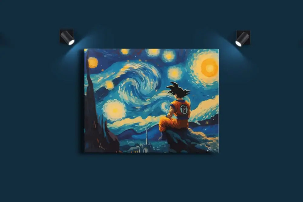 Une impression sur toile vibrante mettant en scène Goku de Dragon Ball assis sur une falaise sous un ciel tourbillonnant rempli d’étoiles évoquant « La Nuit étoilée » de Van Gogh, avec des bleus et des jaunes audacieux.