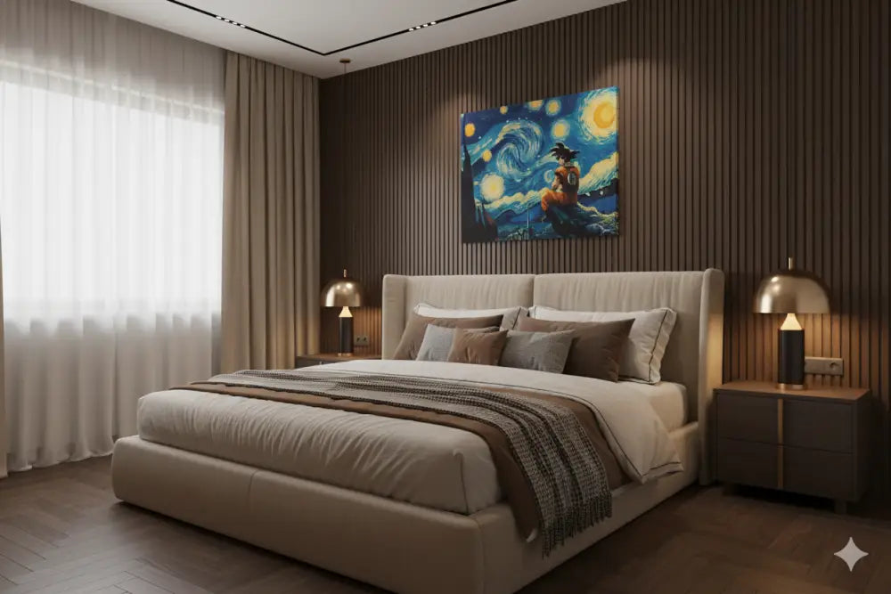 Lit capitonné beige avec une tête de lit matelassée et des oreillers superposés.