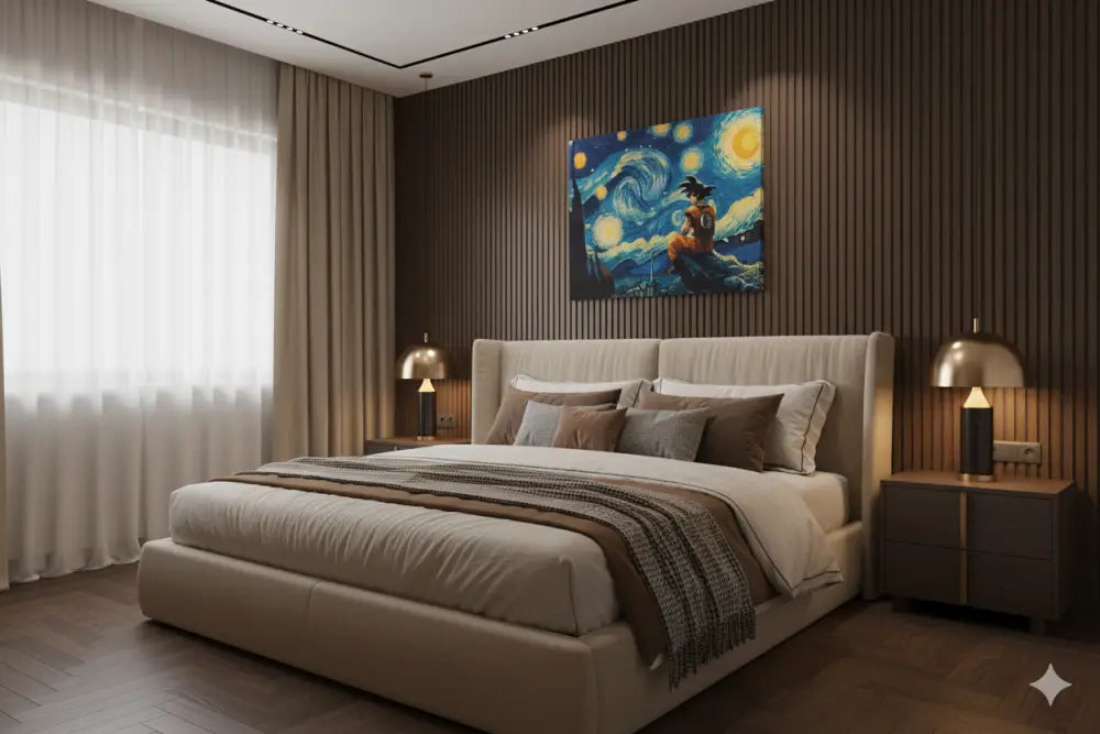 Lit capitonné beige avec une tête de lit matelassée et des oreillers superposés.