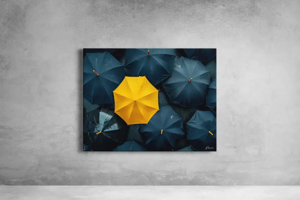 Un parapluie jaune vibrant se distingue sur un fond de parapluies bleu foncé dans cette impression sur toile encadrée.