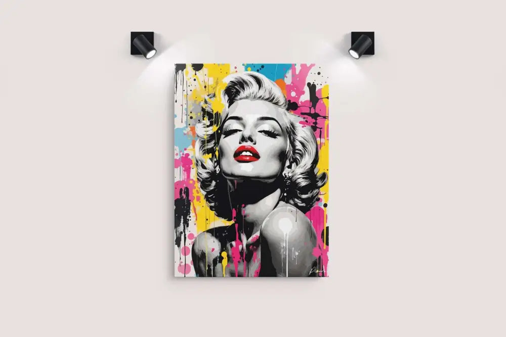 Une toile vibrante de pop-art présentant un portrait stylisé de Marilyn Monroe avec des traits audacieux en noir et blanc, des lèvres rouges vives, et des éclaboussures de peinture jaune, rose et bleu sur un fond blanc stark.