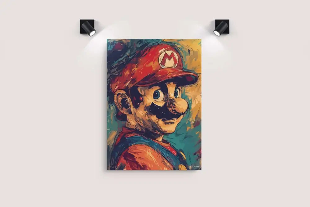 Impression sur toile vibrante et texturée de Mario avec son iconique casquette rouge et sa salopette bleue.