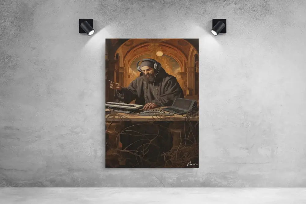 Une impression sur toile encadrée représentant un homme barbu en robes sombres portant des écouteurs, assis à une console de mixage avec des fils emmêlés et un ordinateur portable ouvert.