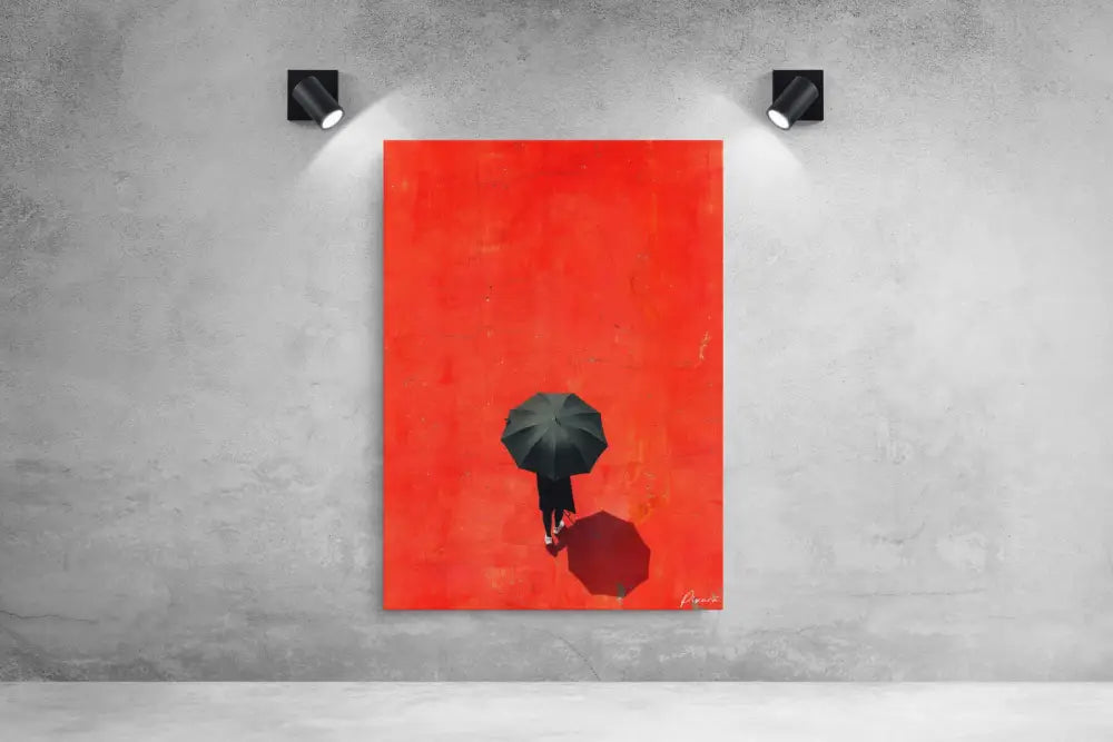 Une impression sur toile rouge frappante mettant en scène une silhouette solitaire tenant un parapluie noir sur un arrière-plan vibrant et texturé.