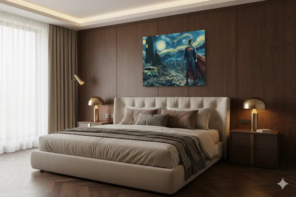 Une impression sur toile encadrée représentant Superman debout sous un ciel nocturne tourbillonnant et étoilé, avec une voiture vintage et des ruines en dessous.