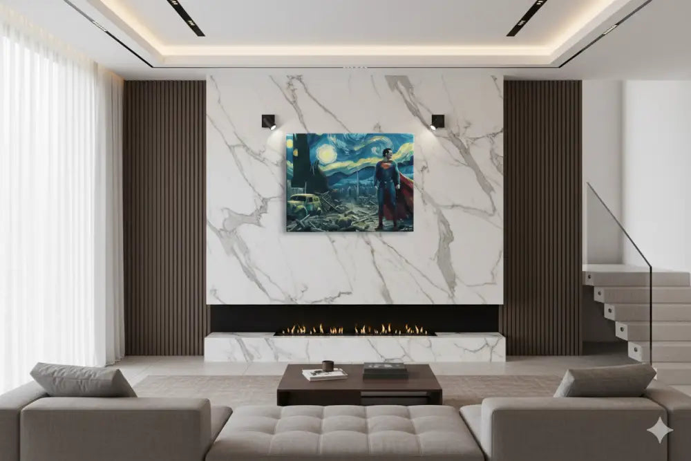 Une impression sur toile encadrée dépeignant Superman debout dans un paysage nocturne étoilé stylisé évoquant le « Nuit étoilée » de Van Gogh, avec des bleus et des jaunes vibrants contre des nuages sombres.