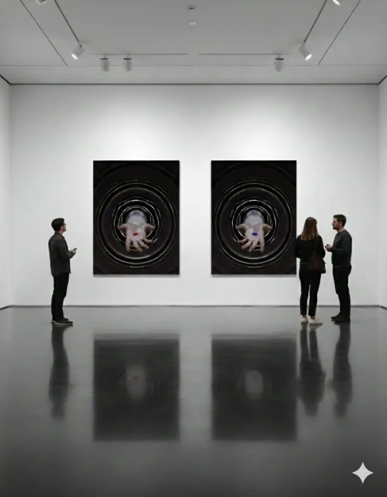 Deux œuvres d’art identiques à cadre noir, chacune présentant une empreinte de main blanche centrale entourée de motifs circulaires concentriques sur un fond sombre.