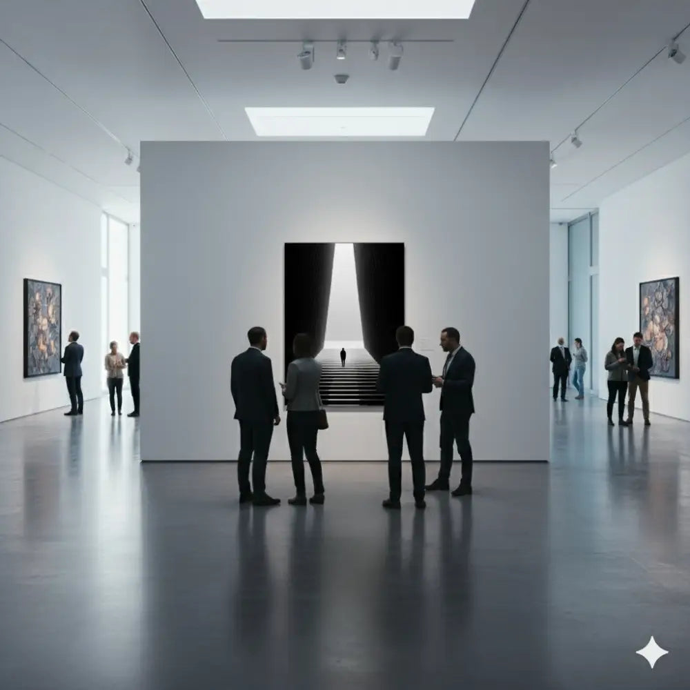 Peinture abstraite en noir et blanc présentant un escalier dramatique et illuminé encadré de lourds rideaux.