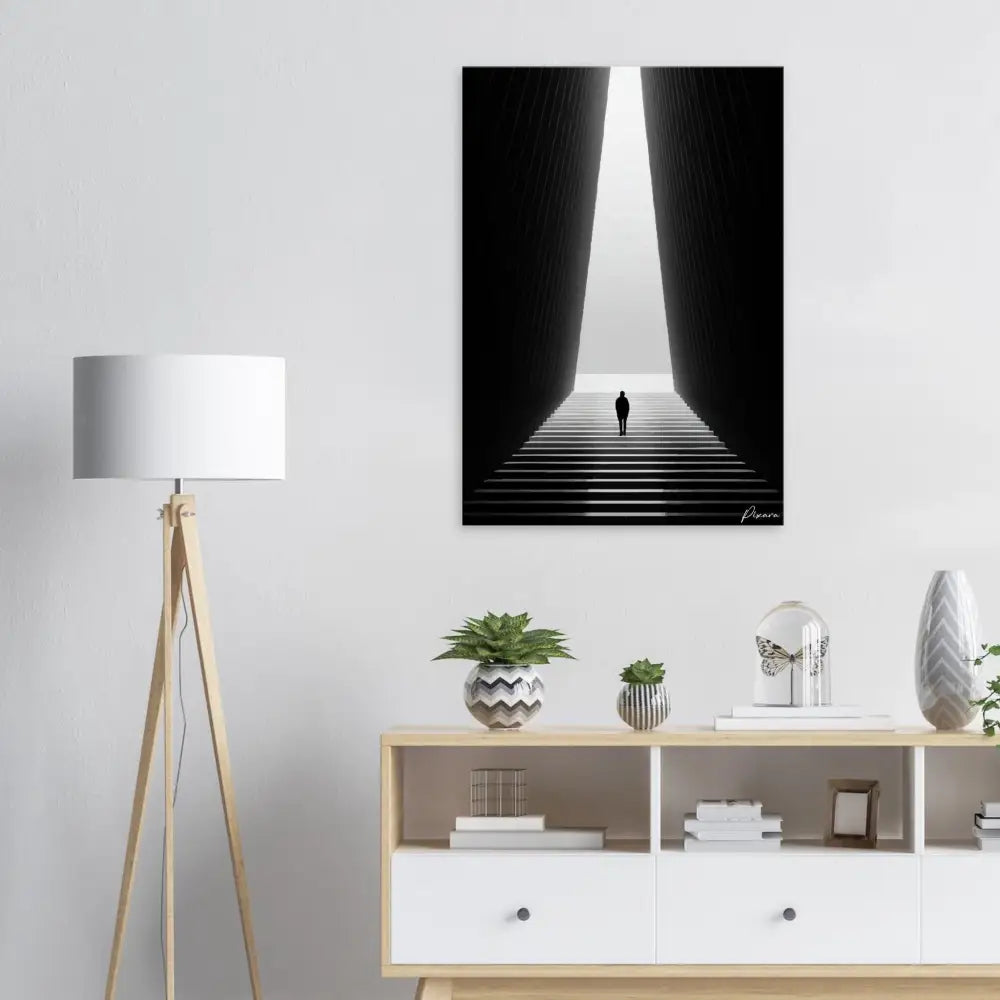 Impression sur toile minimaliste noir et blanc représentant une figure solitaire montant des escaliers vers la lumière.
