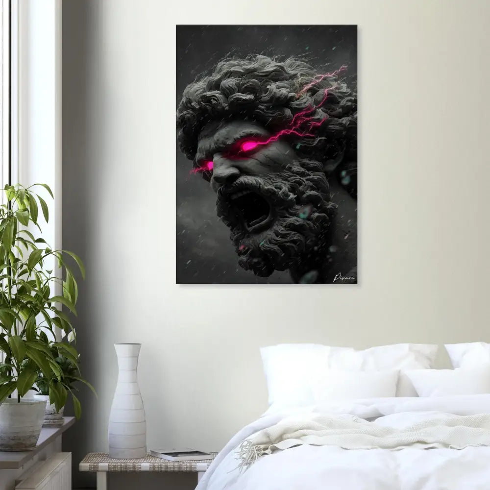 Une impression sur toile noire frappante présentant une statue barbu rugissante avec des yeux roses luisants et des éclairs traversant ses cheveux.