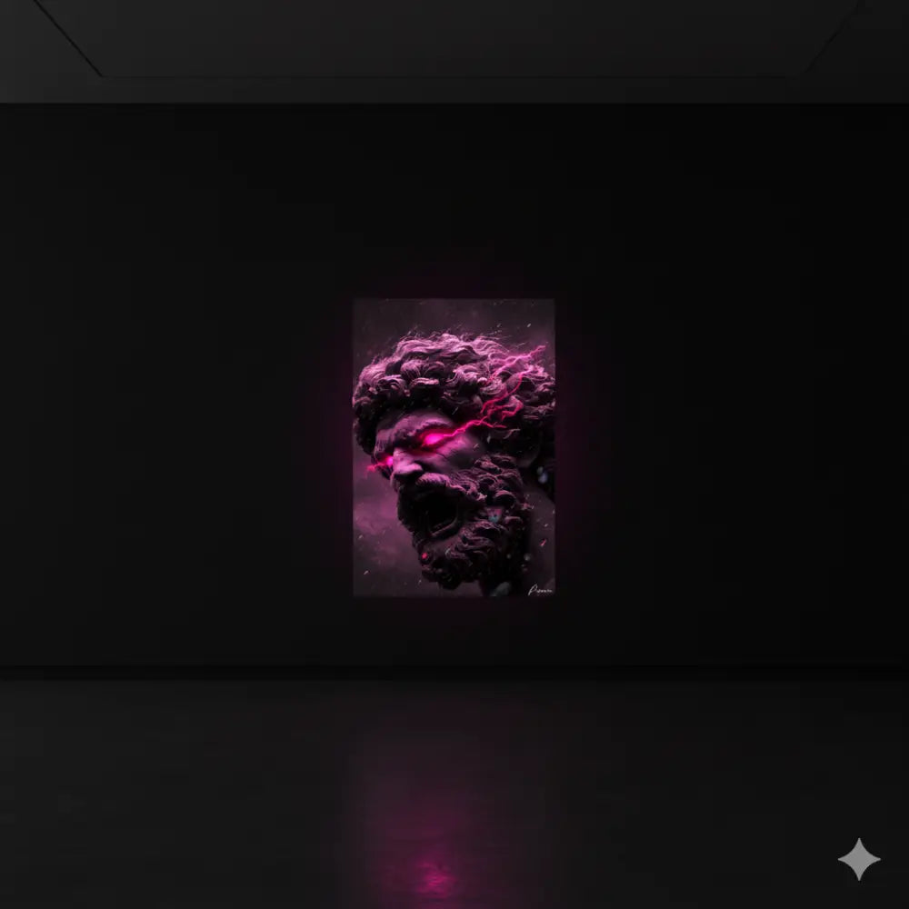Une œuvre d’art numérique frappante présentant une tête de statue classique avec des yeux roses lumineux et une énergie électrique traversant ses cheveux sombres et bouclés.