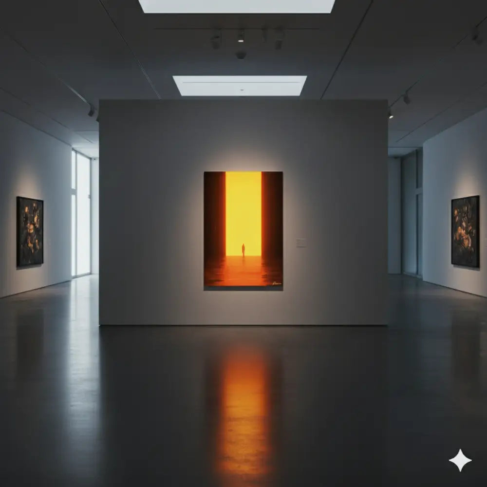 Une peinture à l’huile sur toile rectangulaire frappante représentant une figure solitaire debout au centre d’une porte orange illuminée, encadrée par des murs assombris et projetant une lueur chaude sur le sol réfléchissant.