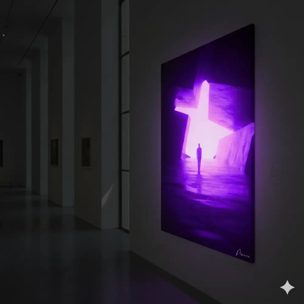 Une peinture sur toile violette lumineuse représentant une figure solitaire se tenant devant une arche en forme d’étoile illuminée.