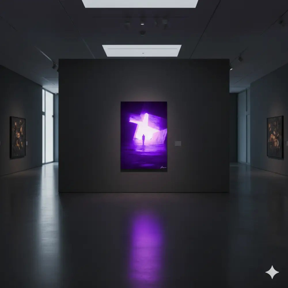 Une œuvre d’art néon violette luminescente représentant une figure solitaire se tenant devant une croix illuminée, exposée dans un espace de galerie sombre.