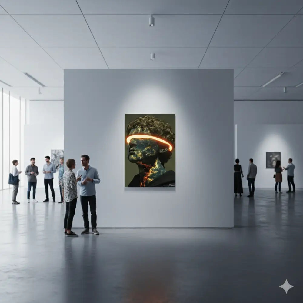 Une œuvre d’art numérique frappante présentant une tête humaine stylisée avec des bandes néon orange luminescentes sur le front et le cou, rendue en tons métalliques sombres sur un arrière-plan atténué.