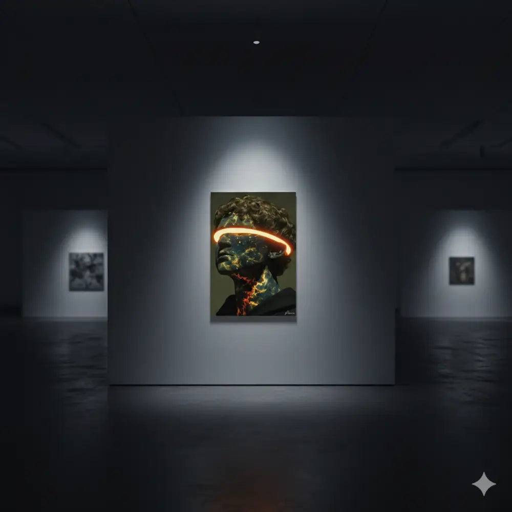 Une œuvre d’art numérique frappante présentant une tête humaine stylisée avec des bandes de néon orange luminescentes sur les yeux et le front, sur un fond sombre.