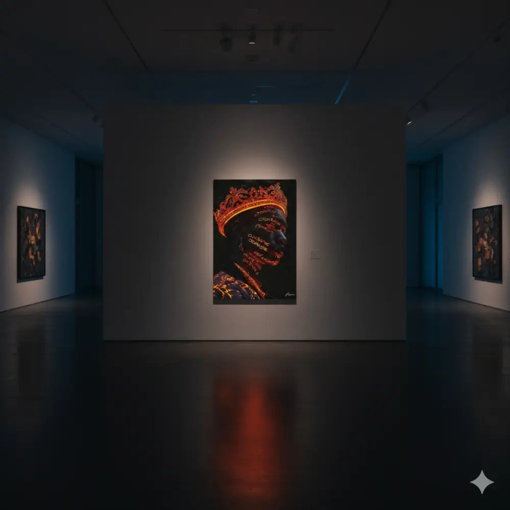 Un portrait frappant mettant en scène une figure couronnée avec des accents orange et or lumineux sur un fond sombre, exposé dans un cadre de galerie d’art.
