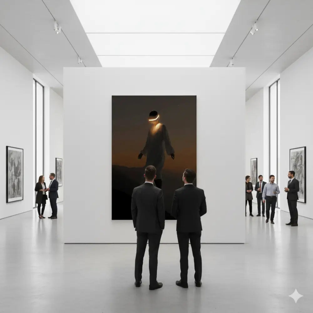 Une peinture sur toile frappante en noir et orange représentant une silhouette avec des accents circulaires blancs luminescents autour de la tête, exposée de manière proéminente sur un mur de galerie.