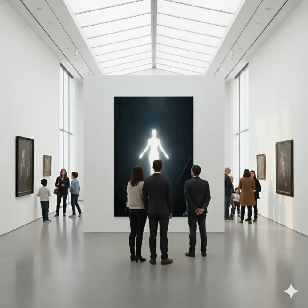 Une peinture d’une silhouette humaine blanche lumineuse sur une toile sombre, exposée de manière proéminente dans une galerie d’art.