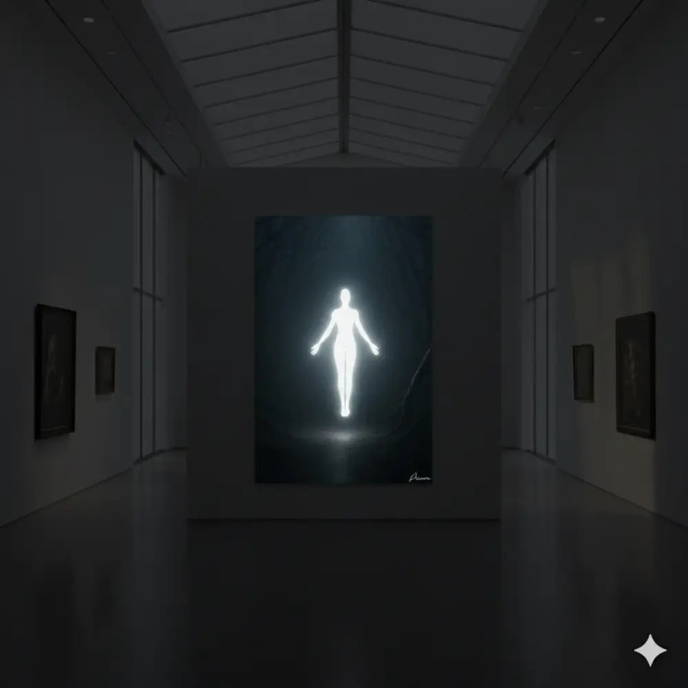 Une peinture de silhouette humaine blanche lumineuse exposée dans un couloir de galerie faiblement éclairé.