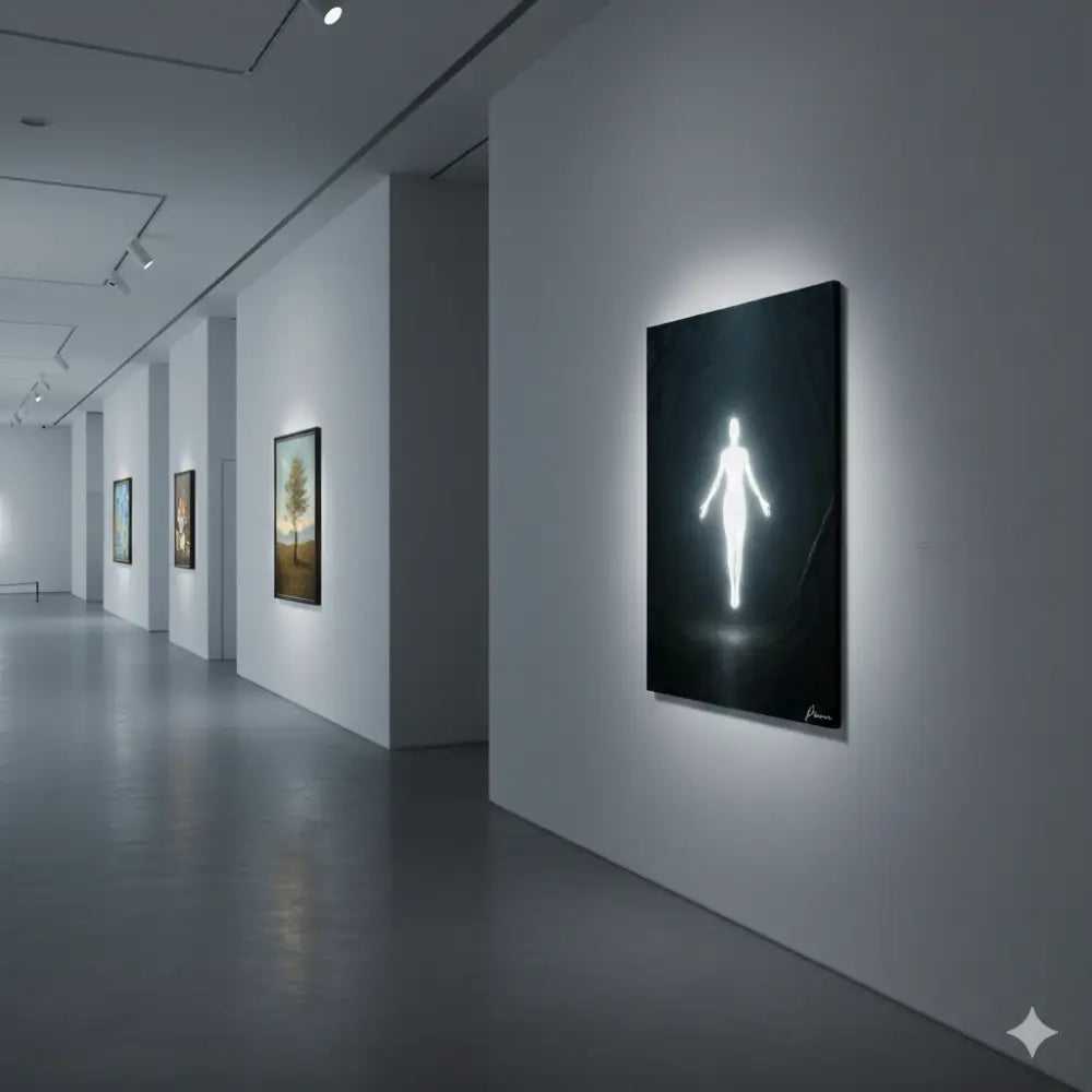 Une silhouette blanche luminescente d’une figure humaine sur une toile noire, encadrée en bois sombre.