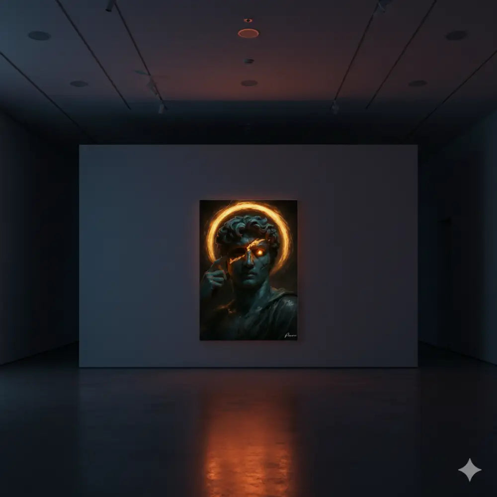 Une impression sur toile aux tons sombres représentant une statue classique aux yeux orange lumineux et halo, exposée dans un cadre de galerie d’art.