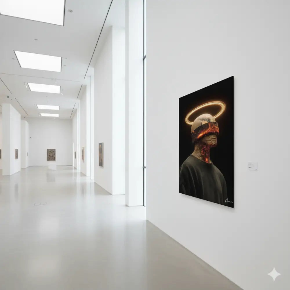 Une œuvre d’art numérique frappante mettant en scène une figure avec un halo doré luminescent et des textures orange-rouge feu sur sa tête, exposée dans un cadre de galerie d’art.