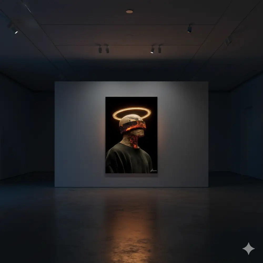 Une œuvre d’art numérique frappante représentant une figure avec un halo orange luminescent et des accents rouges ardents, exposée sur un mur de galerie.