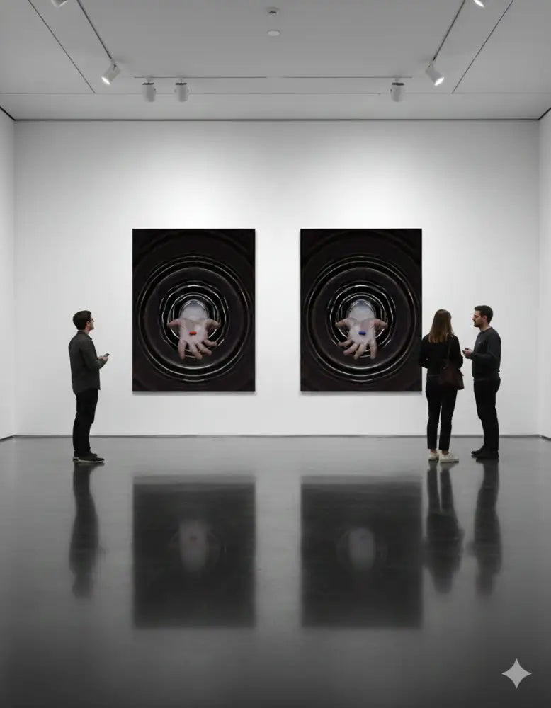 Deux œuvres d’art identiques à cadre noir, chacune présentant une main blanche centrale avec des marques rouges sur des motifs circulaires concentriques.