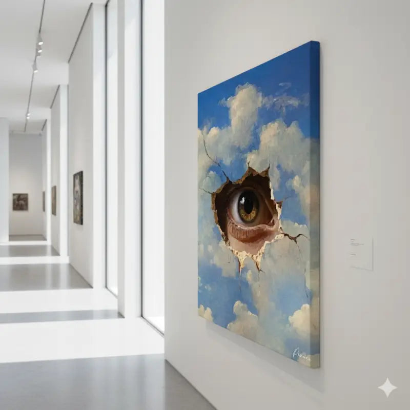 Une peinture sur toile représentant un œil humain réaliste qui regarde à travers un trou déchiré dans un ciel bleu avec des nuages blancs duveteux, rendue sur un tissu tendu.