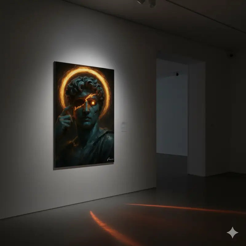 Une œuvre numérique aux tons sombres représentant une statue classique aux yeux dorés luisants et à l’auréole éthérée, accrochée sur un mur de galerie.