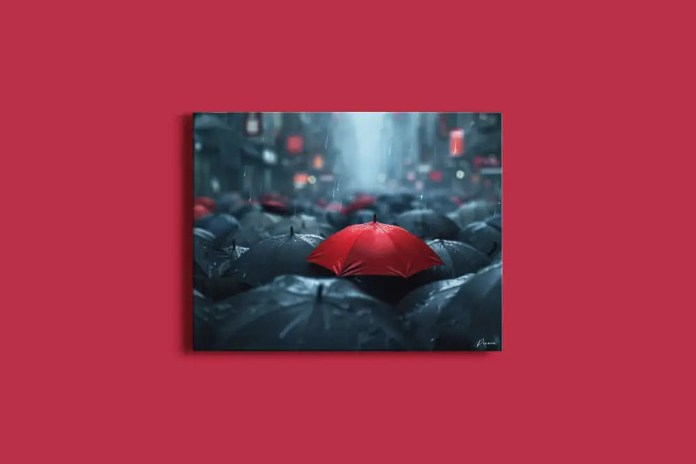 Un parapluie rouge vibrant se distingue au milieu d’une mer de parapluies sombres et ternes dans cette peinture de paysage urbain atmosphérique.