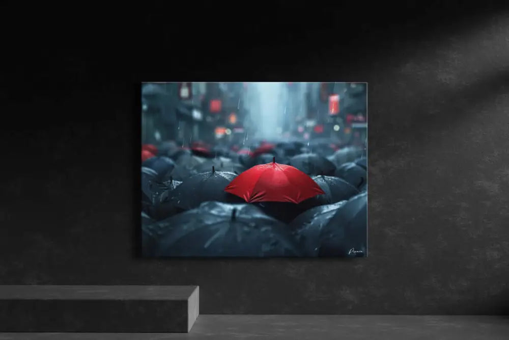 Un parapluie rouge vif se distingue au milieu d’une mer de parapluies sombres et mouillés dans une scène de pluie urbaine.