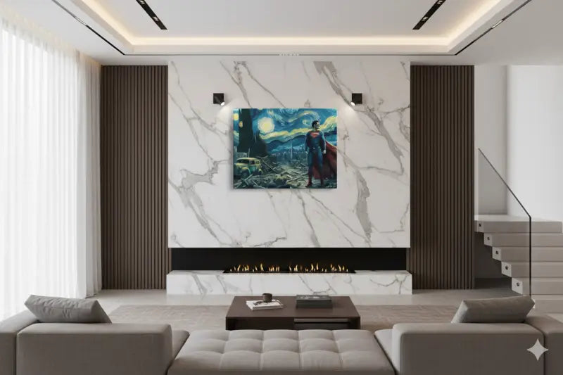 Une impression sur toile encadrée dépeignant Superman debout dans un paysage nocturne étoilé stylisé évoquant le « Nuit étoilée » de Van Gogh, avec des bleus et des jaunes vibrants contre des nuages sombres.