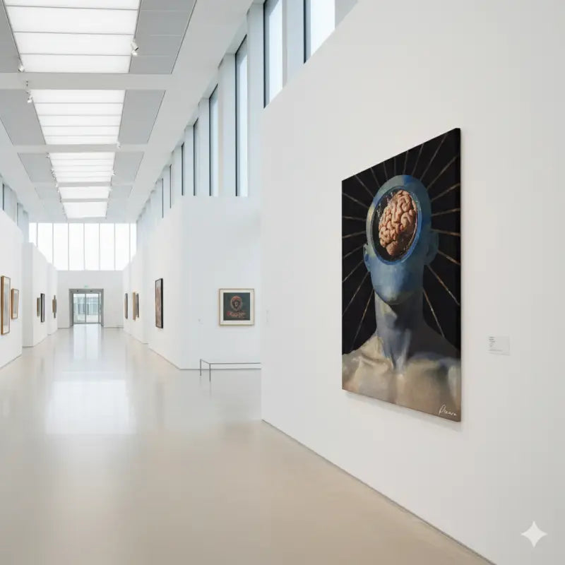 Une peinture à l’huile frappante sur toile présentant une tête humaine aux tons bleus avec un cerveau exposé et détaillé, sur fond sombre irradiant des lignes dorées.