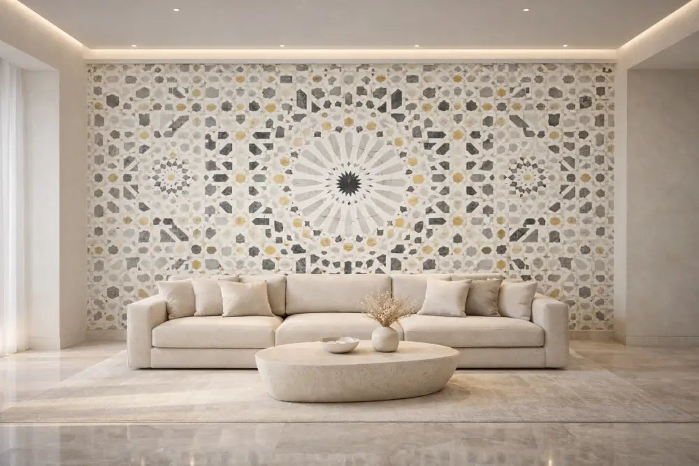 Zellige Noir & Or – Papier Peint Panoramique Architectural Premium | Pixara