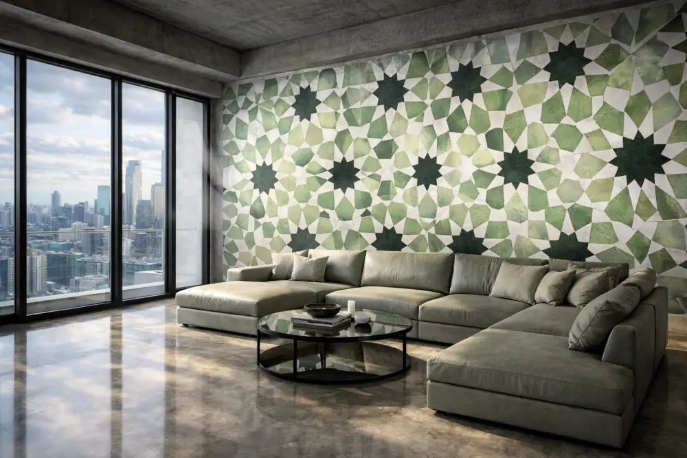 Zellige Vert Minéral – Papier Peint Panoramique Architectural Premium | Pixara