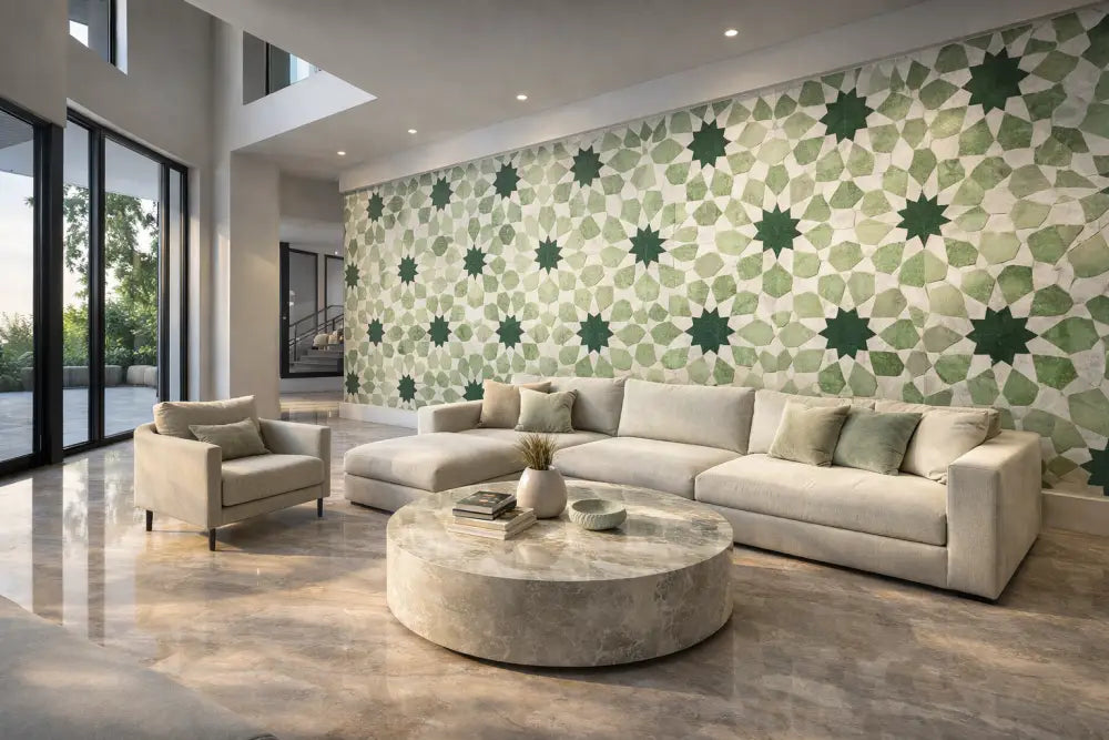 Zellige Vert Minéral – Papier Peint Panoramique Architectural Premium | Pixara