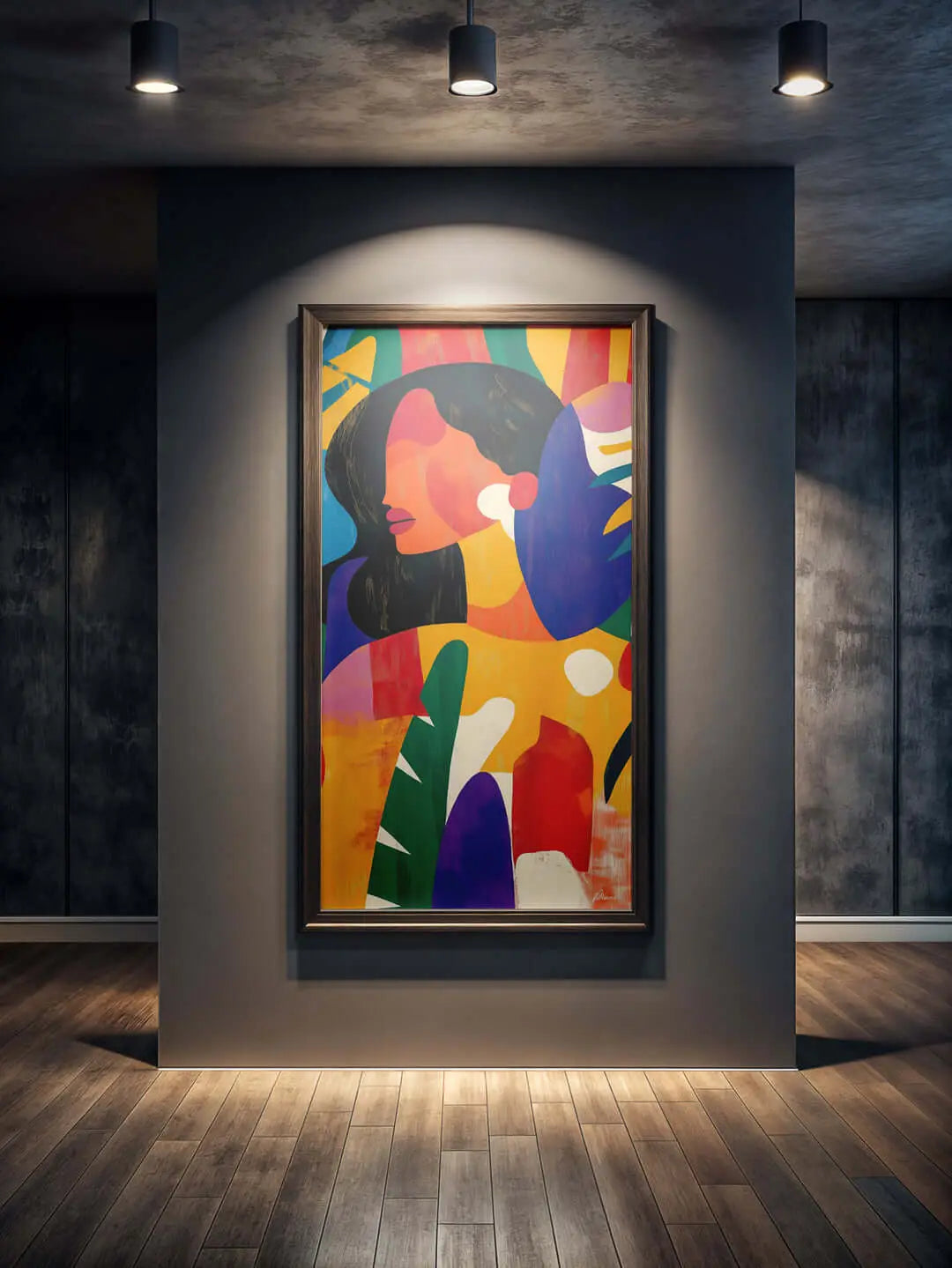 Un portrait abstrait vibrant peint dans un cadre sombre élégant, présentant des formes géométriques audacieuses et des couleurs vives comme l’orange, le bleu, le vert, le violet et le rouge.