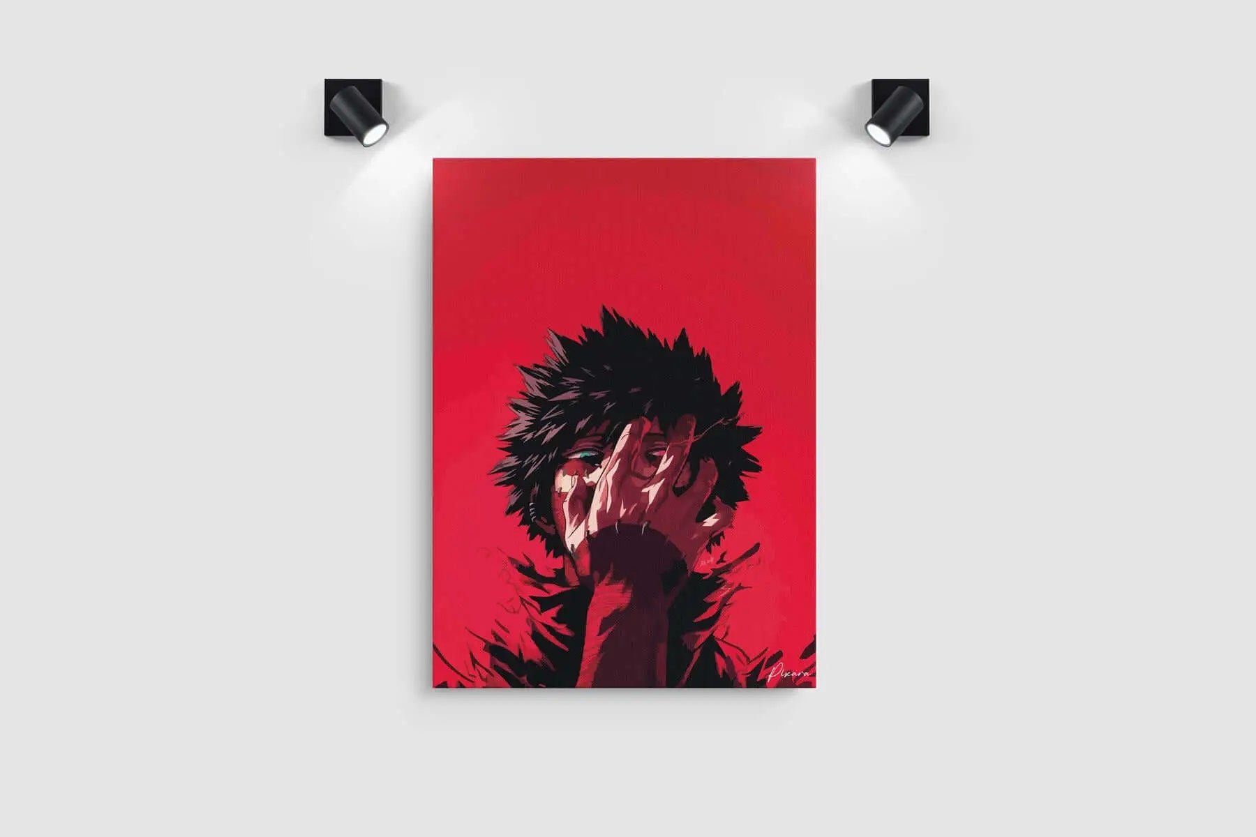 Impression sur toile rouge vibrante mettant en scène un personnage d’anime stylisé avec des cheveux noirs hérissés et un ombrage dramatique.