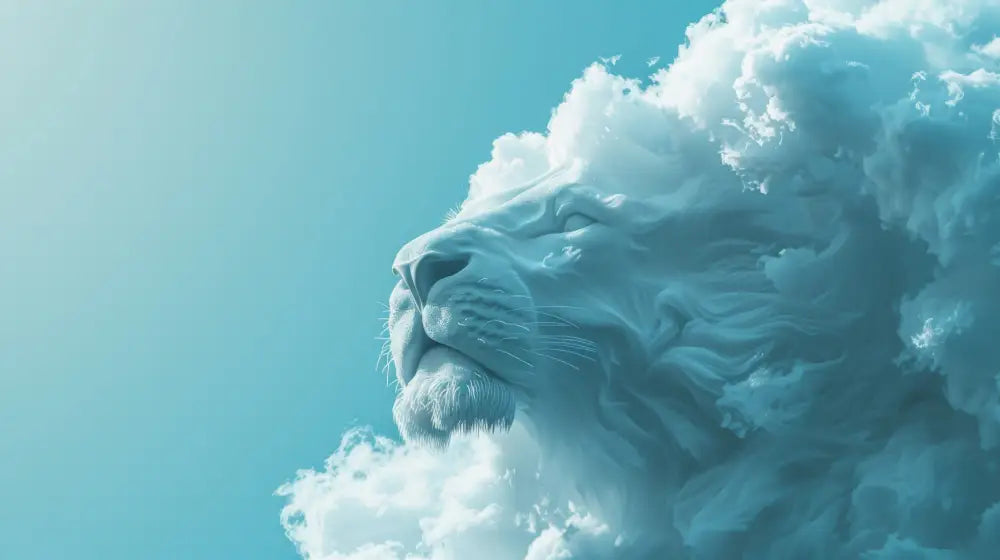 Une tête de lion sereine, bleu clair, sculptée à partir de nuages blancs et moelleux sur un ciel clair.