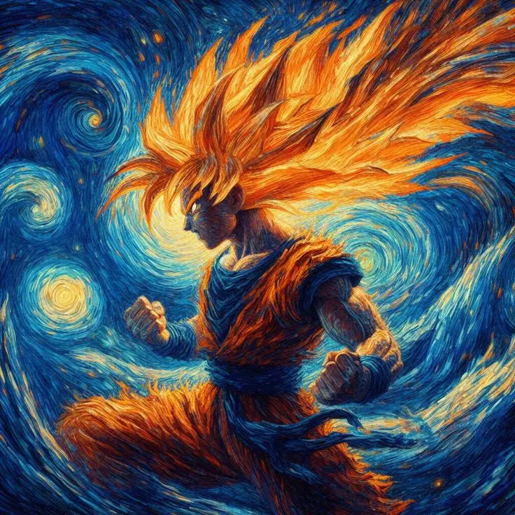 Une représentation dynamique et stylisée de Goku dans sa forme Super Saiyan avec des cheveux orange vibrants et un gi bleu sur fond de ciel nocturne étoilé tourbillonnant rappelant le style de Van Gogh.