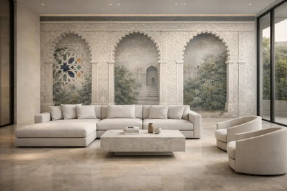 Canapé sectionnel beige aux lignes nettes et modernes avec des coussins moelleux.