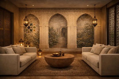 La table basse centrale est un bol en pierre rond aux tons terreux, avec des surfaces lisses et polies et des veines naturelles subtiles.